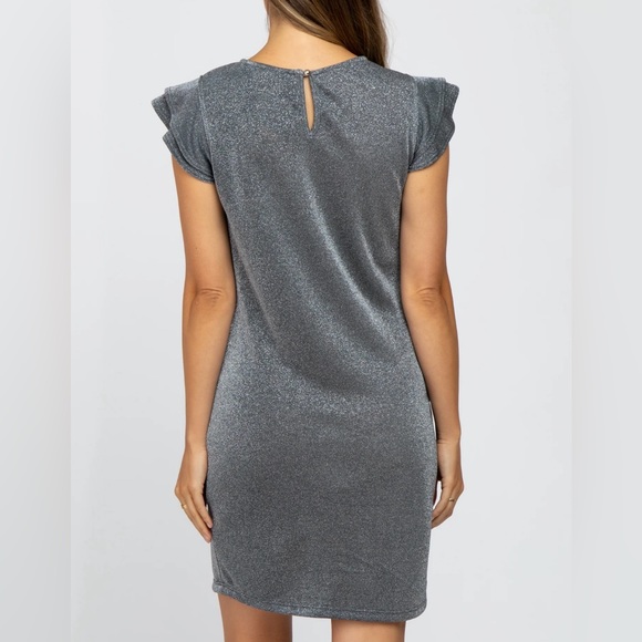 💘 CES FEMME - CHARCOAL GRAY SHIMMER SPARKLE RUFFLE SLEEVE MATERNITY DRESS - Picture 2 of 9